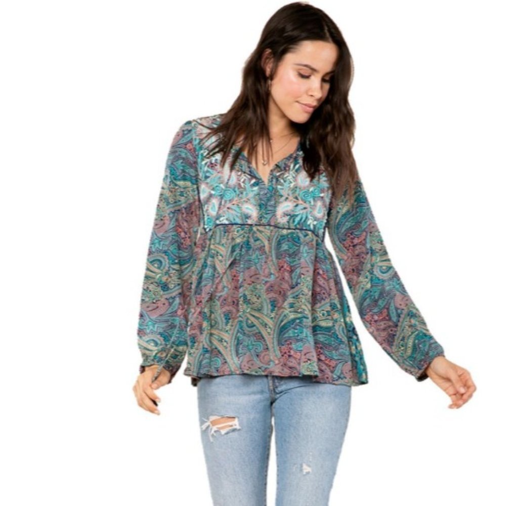 Raga Mystic Garden Paisley Peplum Swing Blouse Tassel Tie Neck Womens Size Small
